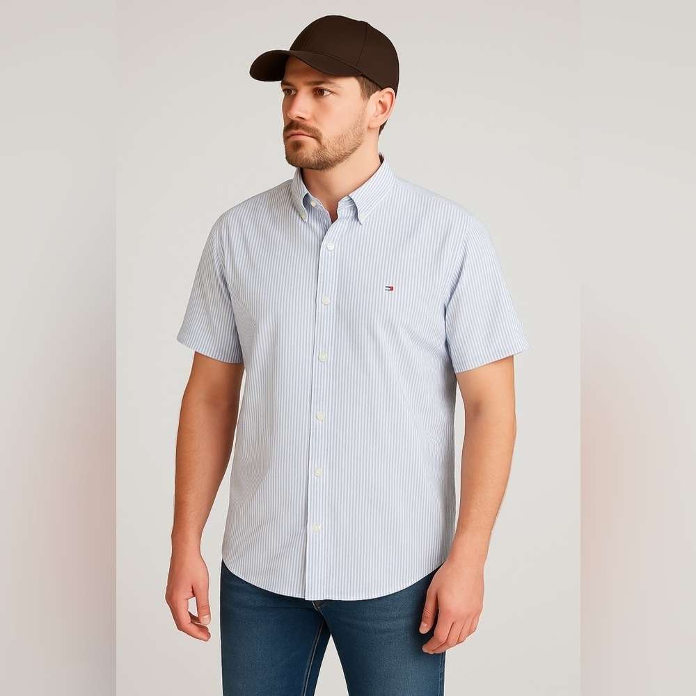 Tommy Hilfiger Men’s Short Sleeve Striped Oxford Shirt - Blue/White - Size XXL